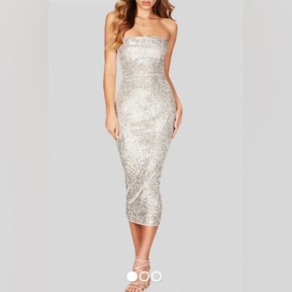Nookie Silver Strapless Sequin Midi Dress